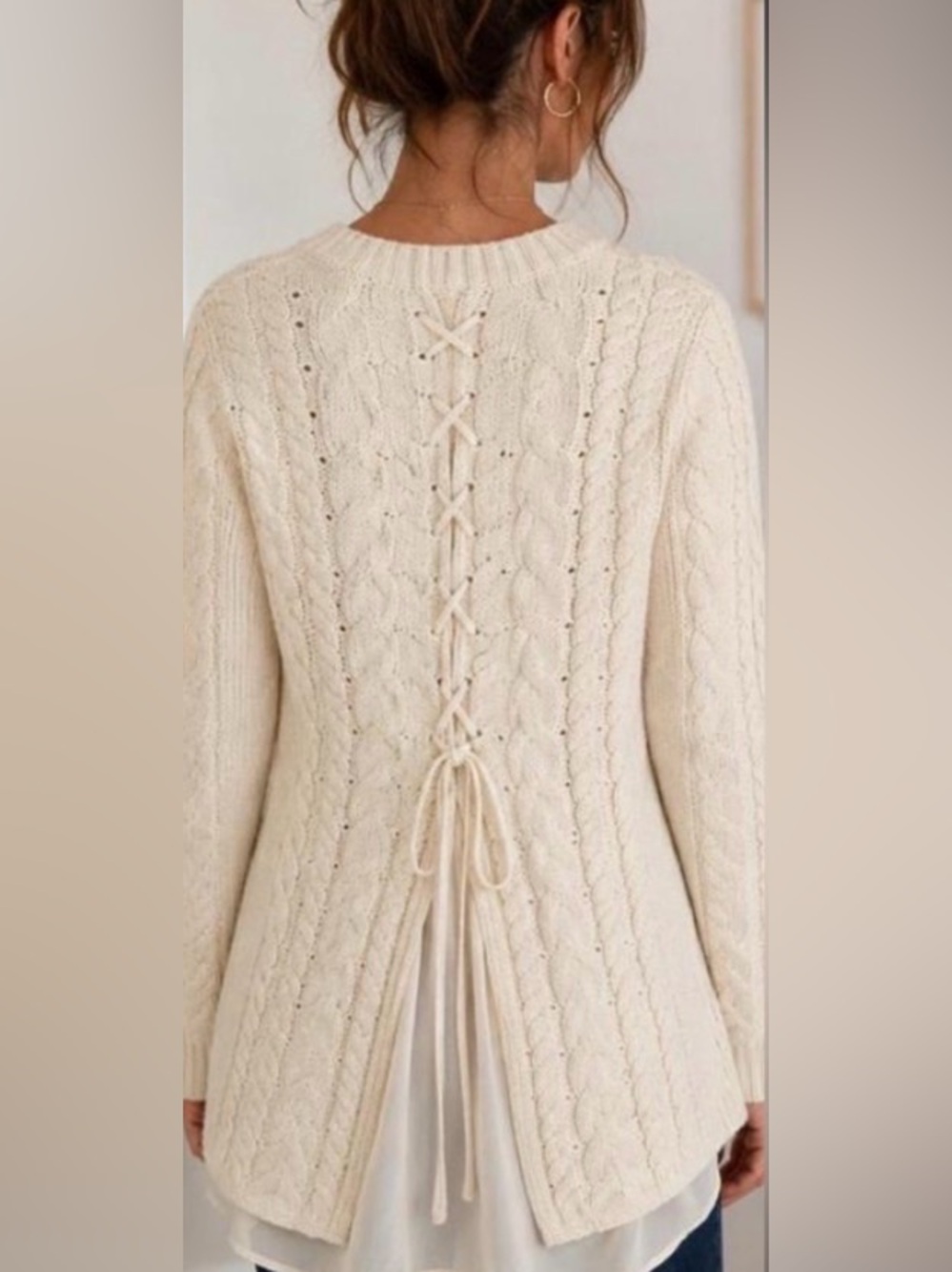 CABI Cream Cotton Cable-knit Sweater Lace-Up Tie Back Sheer Under-layer Knit